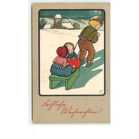 n°10883 - Carte Fantaisie Gaufrée - Fröhliche Weihnachten - Enfants sur une luge