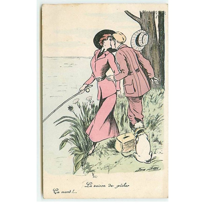 n°19305 - Xavier Sager - La Saison du pêcher - Ca mord !... - Couple s'embrassant - Pêche