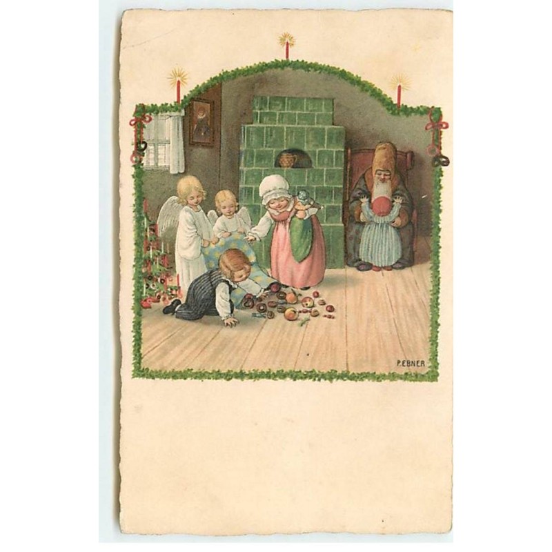 n°19307 - Pauli Ebner - Anges renversant un sac rempli de pommes qu'un garçon ramasse - Père Noël