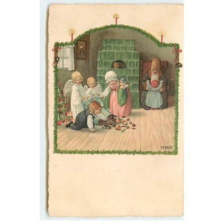n°19307 - Pauli Ebner - Anges renversant un sac rempli de pommes qu'un garçon ramasse - Père Noël