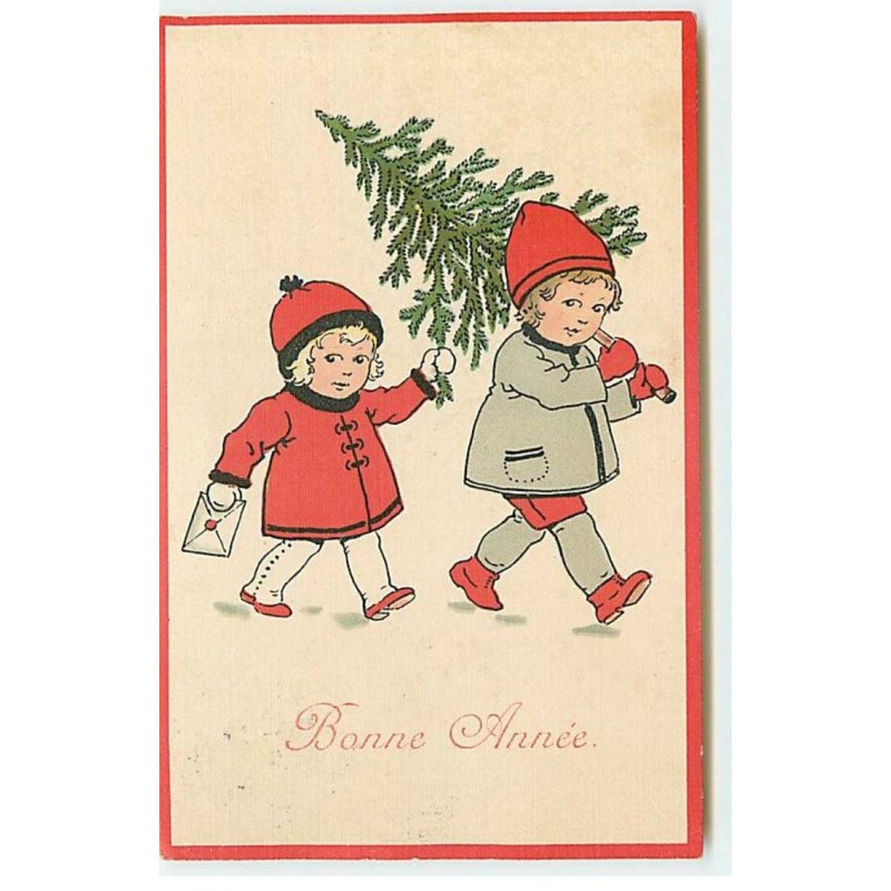 n°19309 - Style Ebner - Bonne Année - Enfants portant un sapin