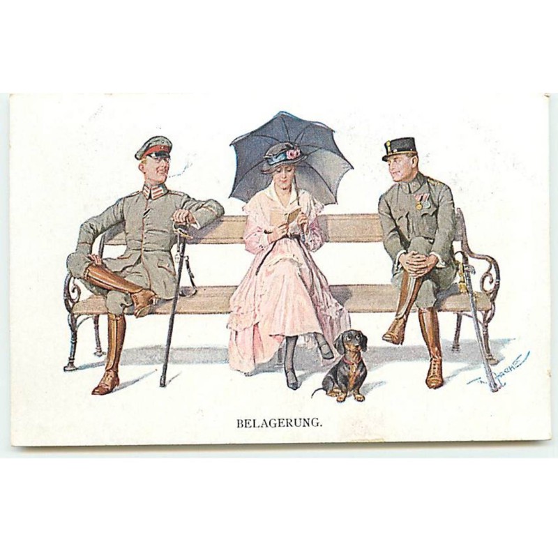 n°19310 - MM Vienne n°1139 - Belagerung - Femme assise sur un banc, entourée de deux militaires, et d'un teckel
