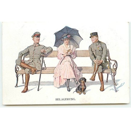 n°19310 - MM Vienne n°1139 - Belagerung - Femme assise sur un banc, entourée de deux militaires, et d'un teckel