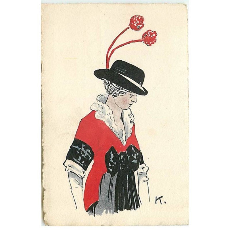 n°19314 - K. - Femme portant un manteau avec un noeud en ruban noir sur le devant