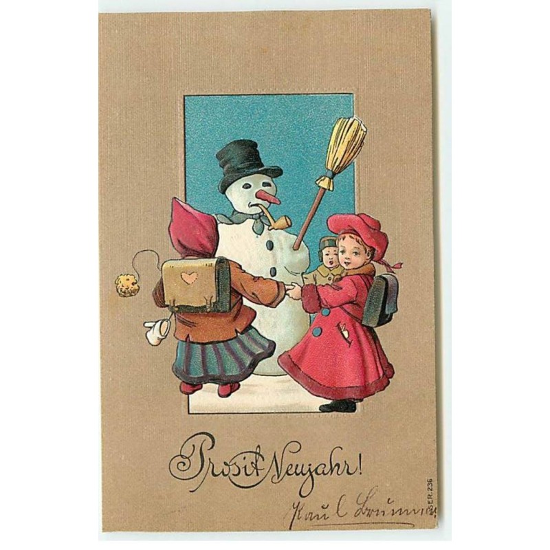 n°19321 - Carte Gaufrée - Prosit Neujahr - Fillettes faisant une ronde autour d'un bonhomme de neige