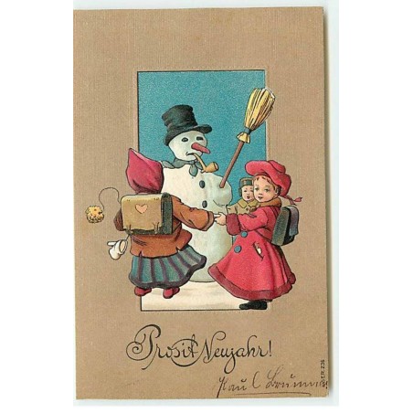 n°19321 - Carte Gaufrée - Prosit Neujahr - Fillettes faisant une ronde autour d'un bonhomme de neige