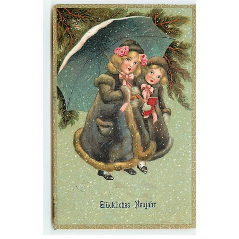 n°19326 - Carte Gaufrée - Glückliches Neujahr - Fillettes se protégeant de la neige sous un parapluie