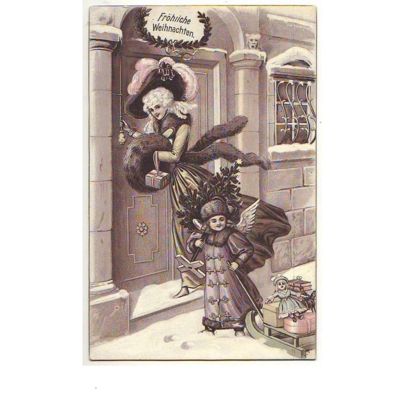 n°10888 - Carte Fantaisie - Fröhliche Weihnachten - Femme et Angelot sonnant à une porte
