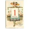 n°19328 - Carte Gaufrée - Prosit Neujahr - Jeune femme portant des seaux remplis de bouteilles de champagne