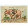 n°19329 - Carte Gaufrée - Viel Glück im neuen Jahr - Garçons mettant un fer à un pied d'un cochon
