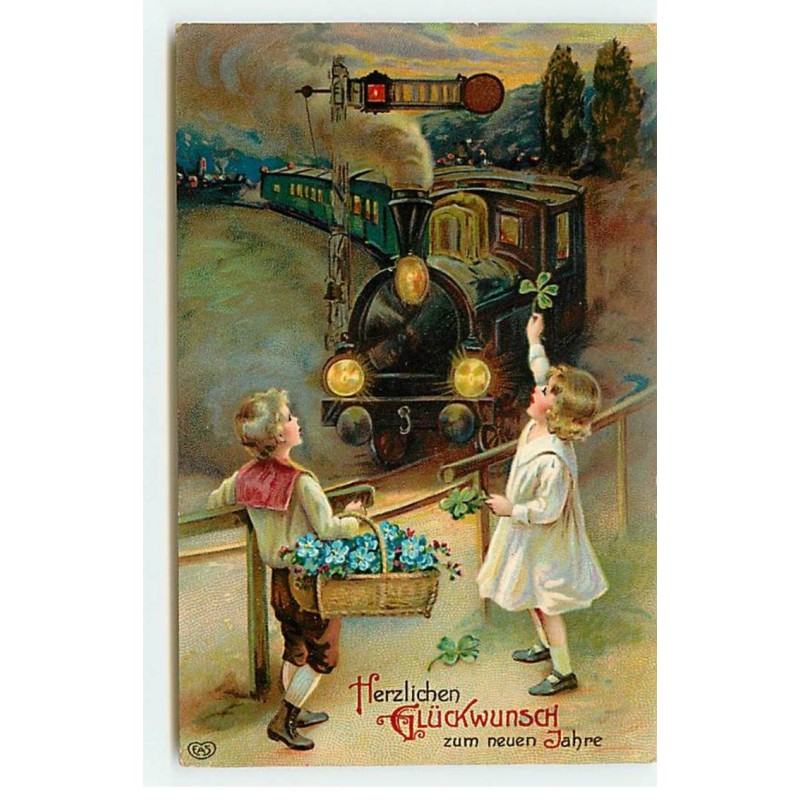 n°19331 - Herzlichen Glückwunsch zum neuen Jahre - Enfants saluant un train