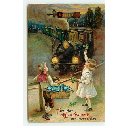 n°19331 - Herzlichen Glückwunsch zum neuen Jahre - Enfants saluant un train
