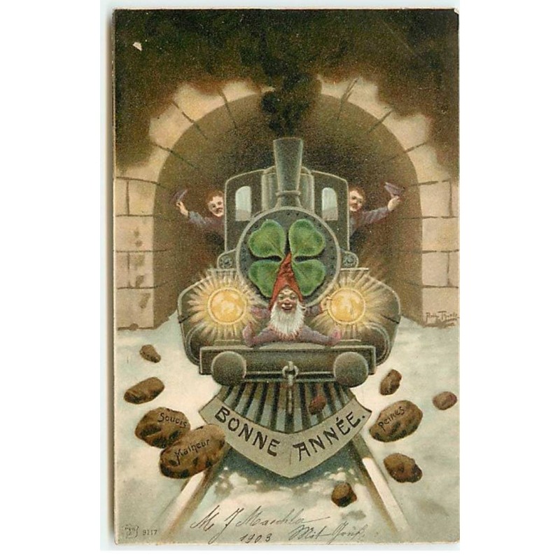 n°19334 - Bonne Année - Train sortant d'un tunnel avec un lutin