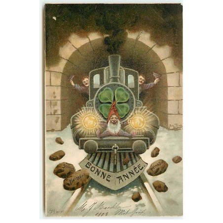 n°19334 - Bonne Année - Train sortant d'un tunnel avec un lutin