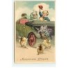 n°19335 - Carte Gaufrée - Heureuses Pâques - Enfants dans une voiture entourée de poussins