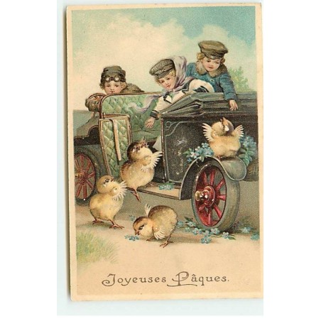 n°19336 - Carte Gaufrée - Joyeuses Pâques - Enfants faisant montée dans une voiture des poussins