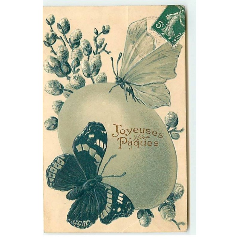 n°19337 - Carte Gaufrée - Joyeuses Pâques - Papillons sur un oeuf