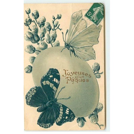 n°19337 - Carte Gaufrée - Joyeuses Pâques - Papillons sur un oeuf