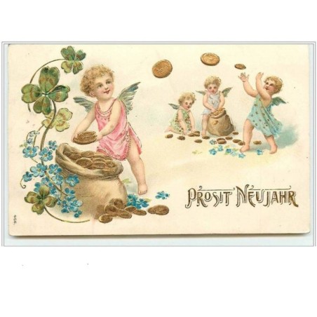 n°1089 - Carte Gaufrée - Prosit Neujahr - Angelots s'envoyant des pièces d'or