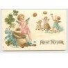 n°1089 - Carte Gaufrée - Prosit Neujahr - Angelots s'envoyant des pièces d'or