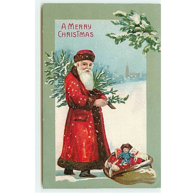 n°19343 - Carte Gaufrée - A Merry Christmas - Père Noël apportant un sapin avec des jouets dans un sac à côté