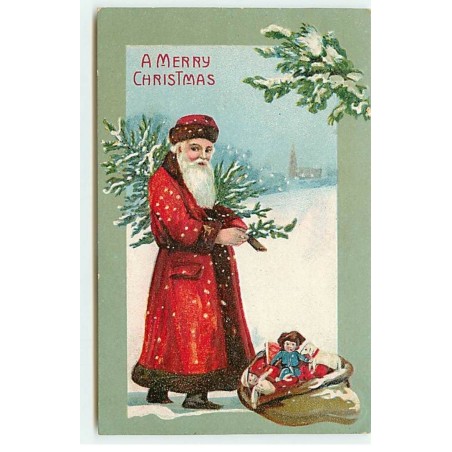 n°19343 - Carte Gaufrée - A Merry Christmas - Père Noël apportant un sapin avec des jouets dans un sac à côté