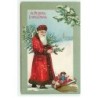 n°19343 - Carte Gaufrée - A Merry Christmas - Père Noël apportant un sapin avec des jouets dans un sac à côté