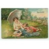 n°19350 - Carte Gaufrée - Souvenir - Fillette et sa mère assise dans l'herbe