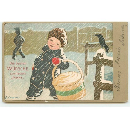 n°19351 - G. Caspari - Die besten Wünsche zum neuen Jahre - Garçon portant un panier sous la neige