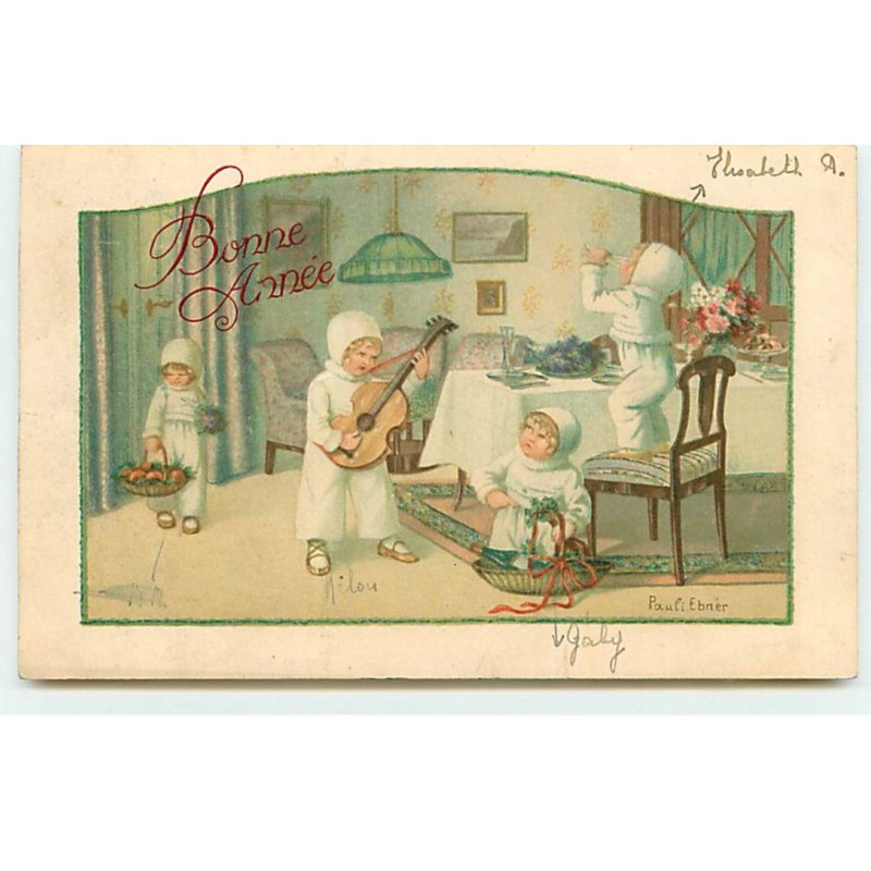 n°19353 - P. Ebner - Bonne Année - Enfants dans un salon, l'un jouant de la musique, un autre buvant ...