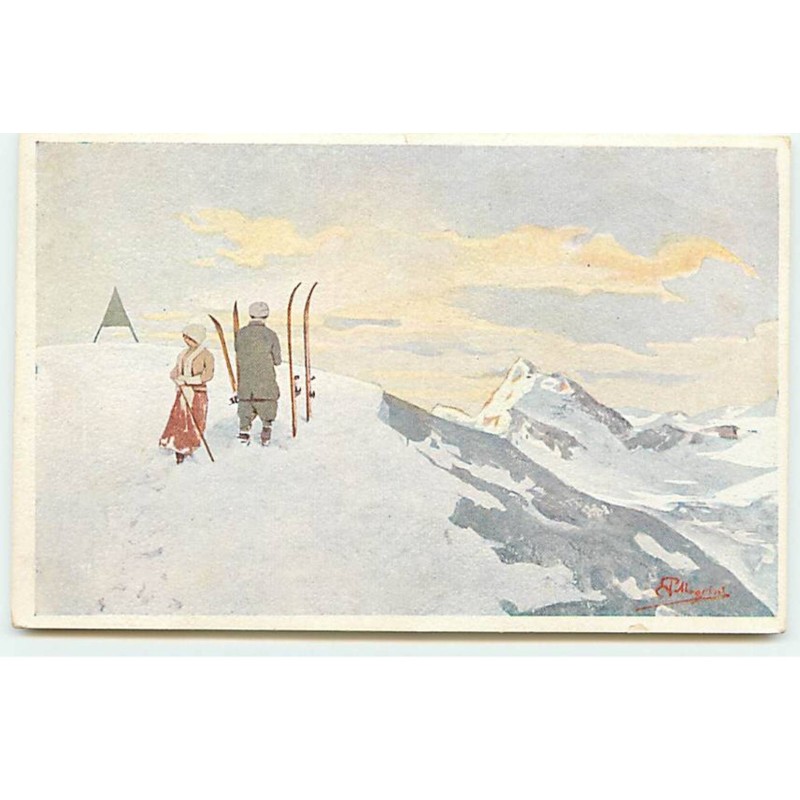 n°19357 - Pellegrini - Couple au sommet d'une montagne prêts de leurs skis - Belle Jardinière
