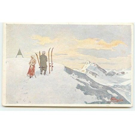 n°19357 - Pellegrini - Couple au sommet d'une montagne prêts de leurs skis - Belle Jardinière