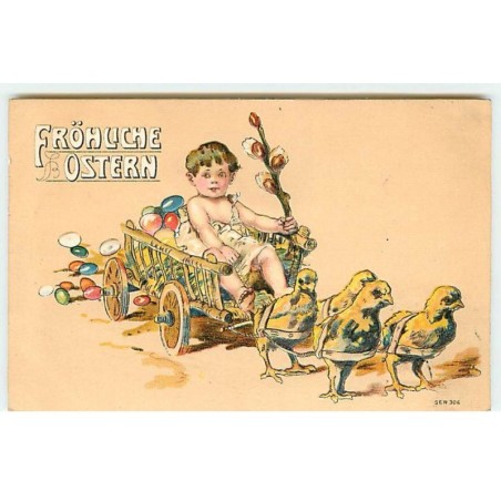 n°19362 - Carte Gaufrée - Fröhliche Ostern - Ange dans une charette remplie d'oeufs tirée par des poussins