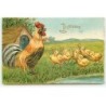 n°19363 - Carte Gaufrée - Joyeuses Pâques - Poussins devant un coq