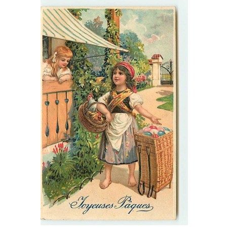 n°19364 - Carte Gaufrée - Joyeuses Pâques - Jeune fille vendant des oeufs à une autre