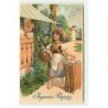 n°19364 - Carte Gaufrée - Joyeuses Pâques - Jeune fille vendant des oeufs à une autre