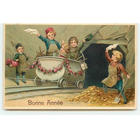 n°19368 - Carte Gaufrée - Bonne Année - Enfants dans un chariot à l'entrée d'une mine