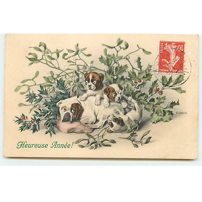n°19370 - MM Vienne n°466 - Heureuse Année - Chiots avec leur mère parmi du houx et du gui - Bouledogue