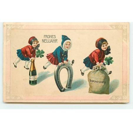 n°19372 - Carte Gaufrée - Frohes Neujahr - Fillettes jouant à saute-mouton avec une bouteille de champagne, fer à cheval