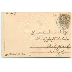 n°19373 - Carte Gaufrée - Prosit Neujahr - Couple d'enfants sur une luge fleurie