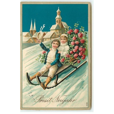 n°19374 - Carte Gaufrée - Prosit Neujahr - Couple d'enfants sur une luge fleurie