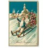 n°19374 - Carte Gaufrée - Prosit Neujahr - Couple d'enfants sur une luge fleurie