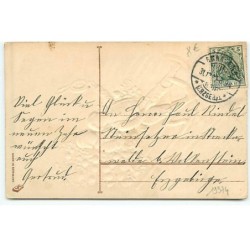 n°19374 - Carte Gaufrée - Prosit Neujahr - Couple d'enfants sur une luge fleurie