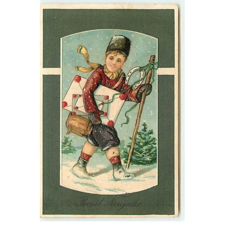 n°19376 - Carte Gaufrée - Prosit Neujahr - Garçon apportant des lettres et marchant dans la neige