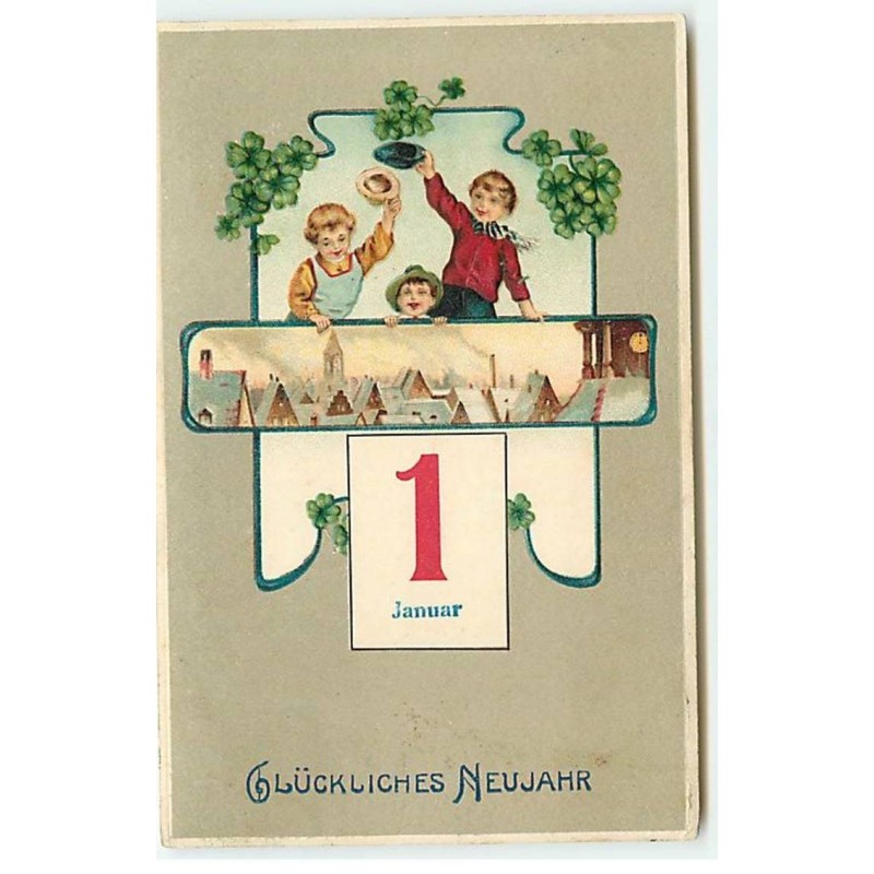 n°19377 - Carte Gaufrée - Glückliches Neujahr - Garçons saluant avec leur chapeau