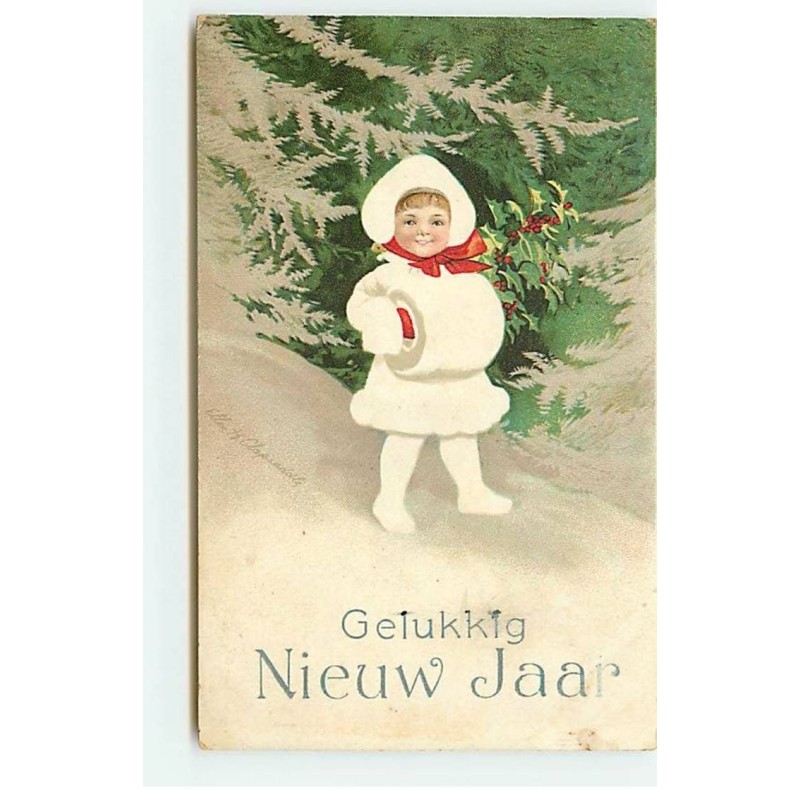 n°19378 - E. Clapsaddle - Gelukkig Nieuw Jaar - Fillette en blanc et portant du houx