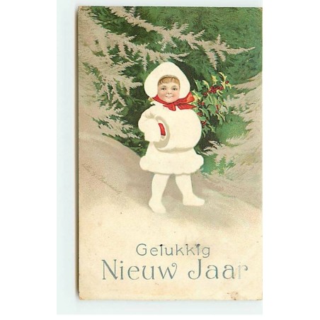 n°19378 - E. Clapsaddle - Gelukkig Nieuw Jaar - Fillette en blanc et portant du houx