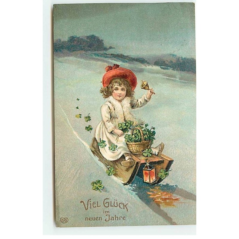 n°19381 - Carte Gaufrée - Viel Glück im neuen Jahre - Fillette sur une luge faisant tinter une clochette