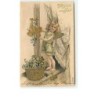 n°10894 - Carte Fantaisie Gaufrée - Angelot avec un trèfle sur un pas de porte