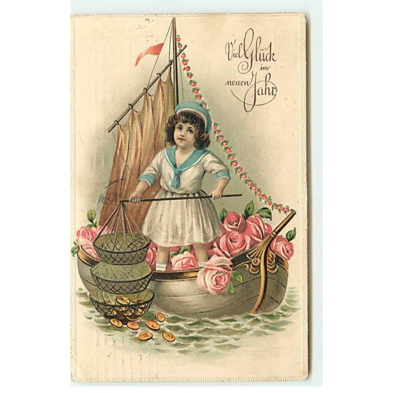 n°19383 - Carte Gaufrée - Viel Glück im neuen Jahre - Fillette dans une barque remontant des pièces d'or